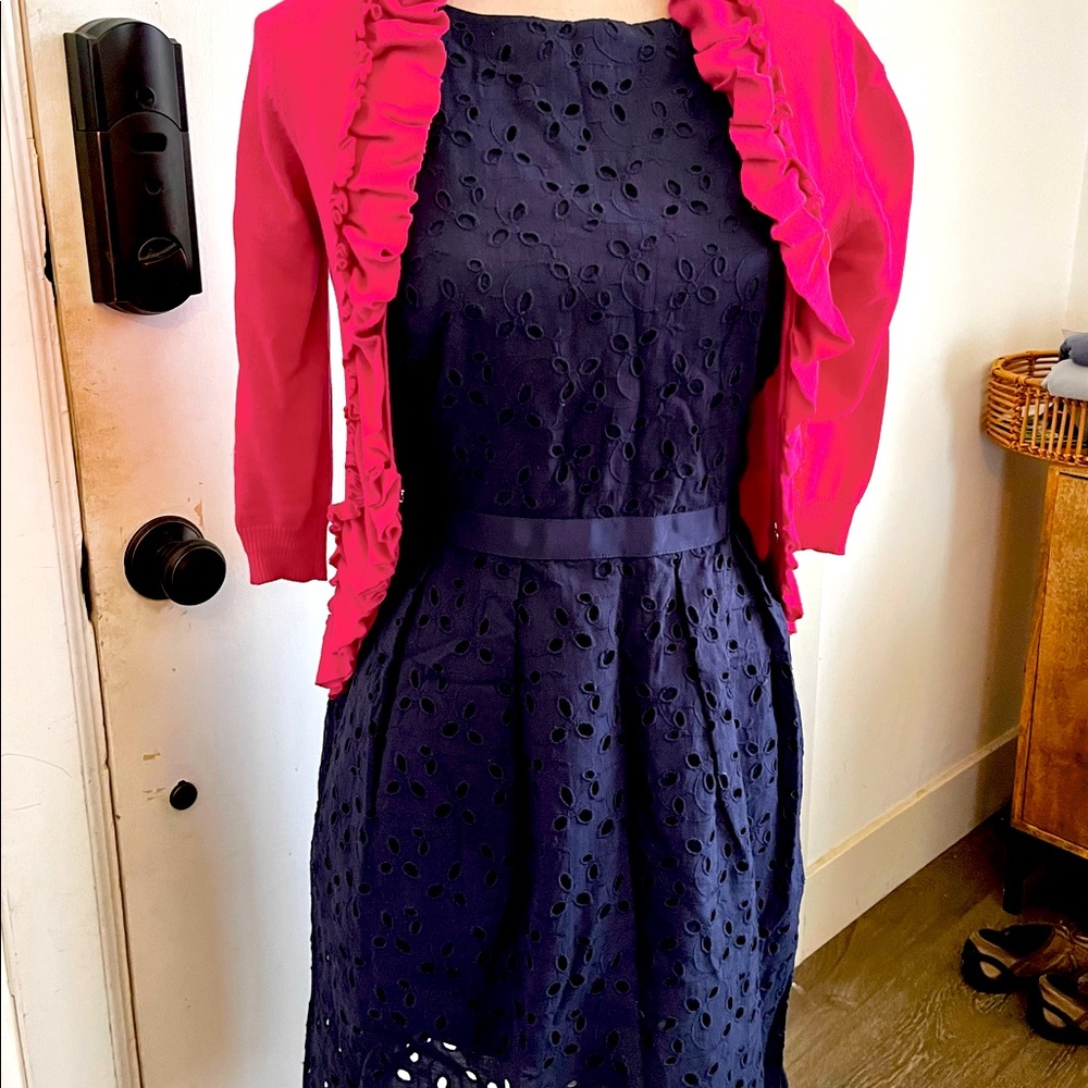 RALPH LAUREN Navy Eyelet Cotton Blend Fit & Flare Career Party Dress 12P